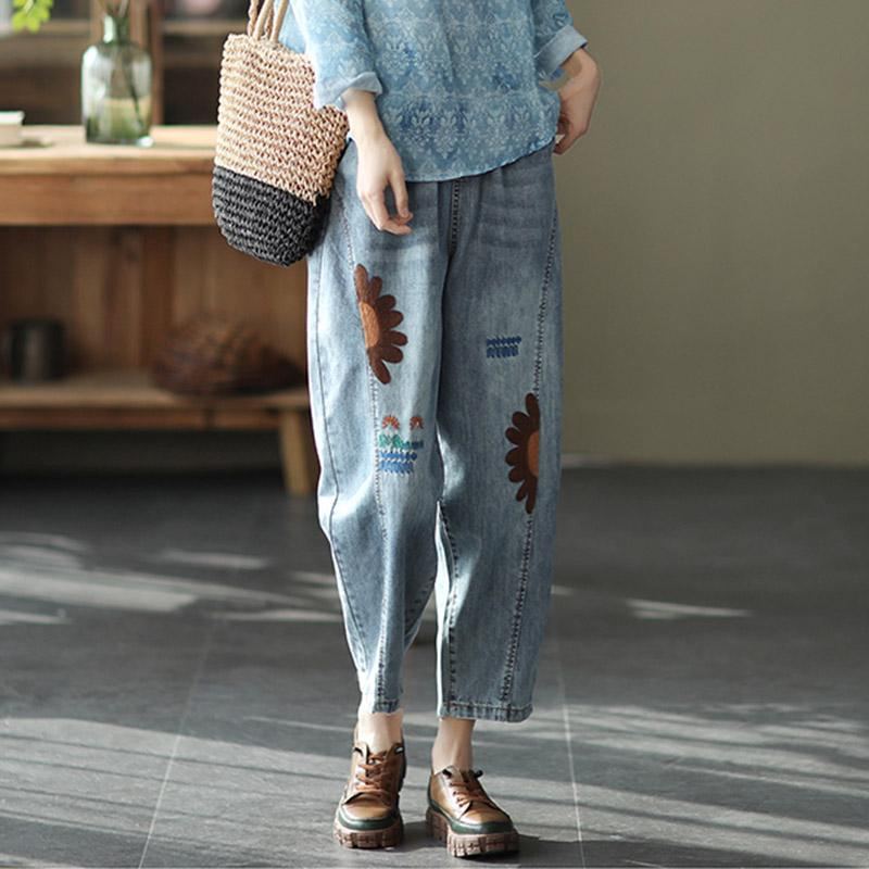 Retro Broderade Loose Harem Jeansbyxor