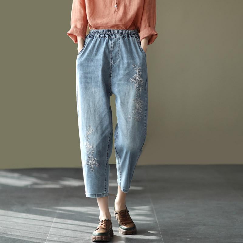 Retro Broderi Casual Denim Harem Byxor