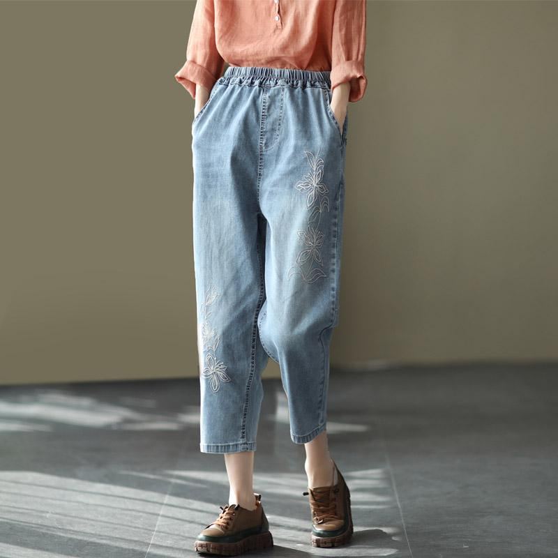 Retro Broderi Casual Denim Harem Byxor