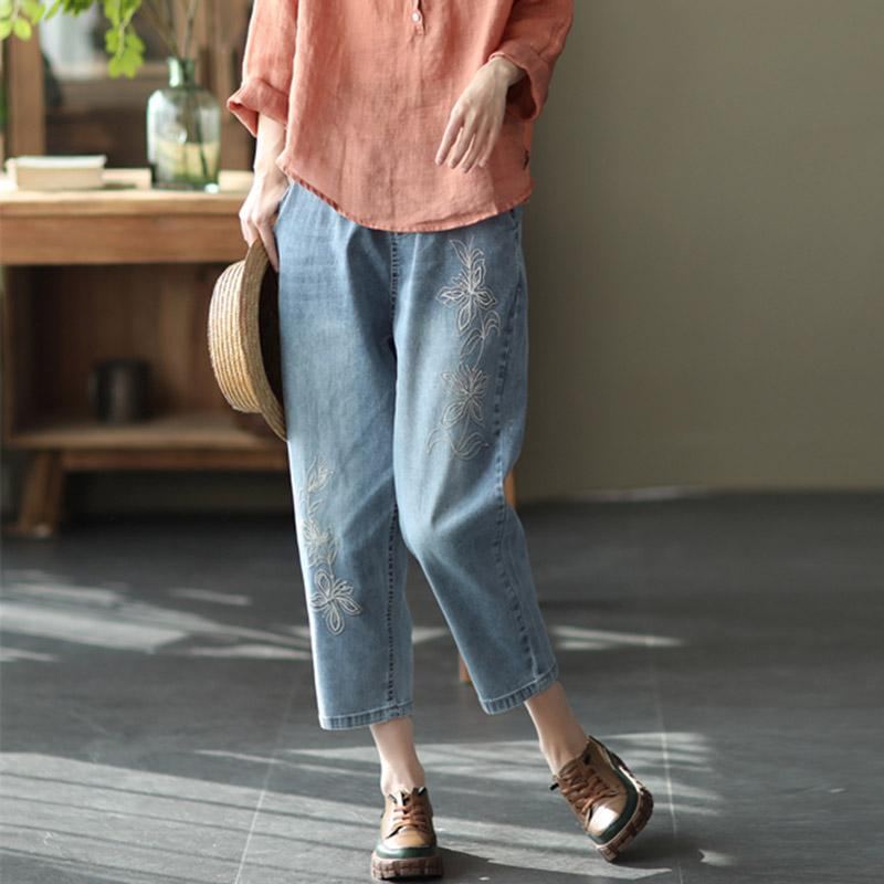 Retro Broderi Casual Denim Harem Byxor