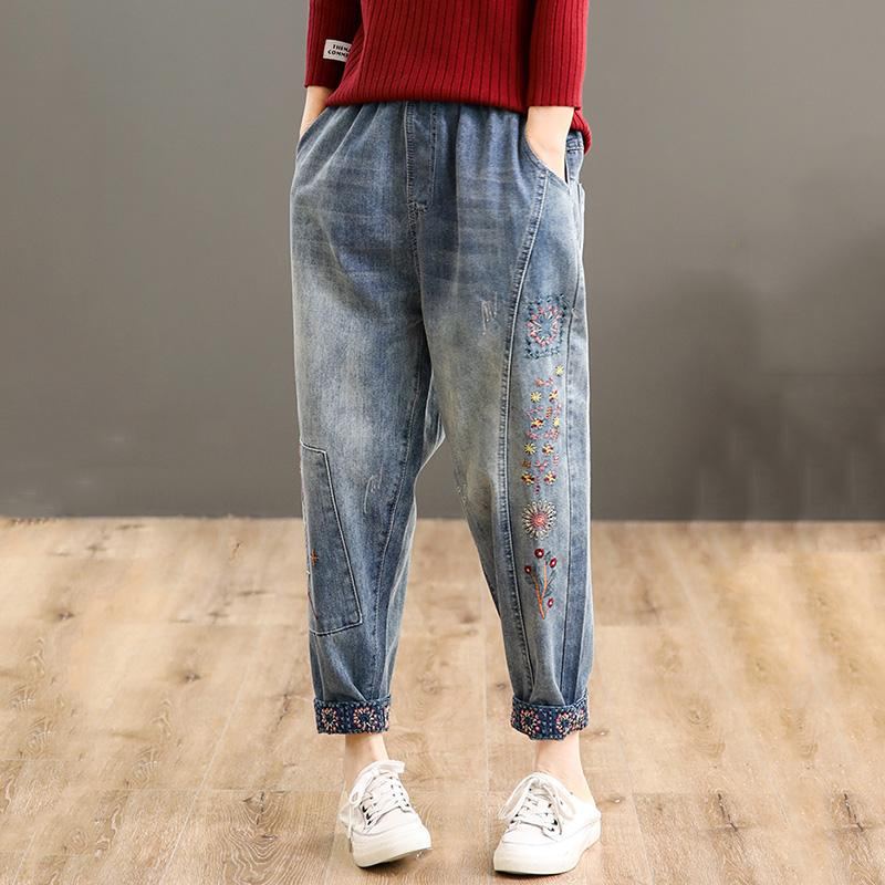 Retro Broderi High Waist Denim Harem Byxor