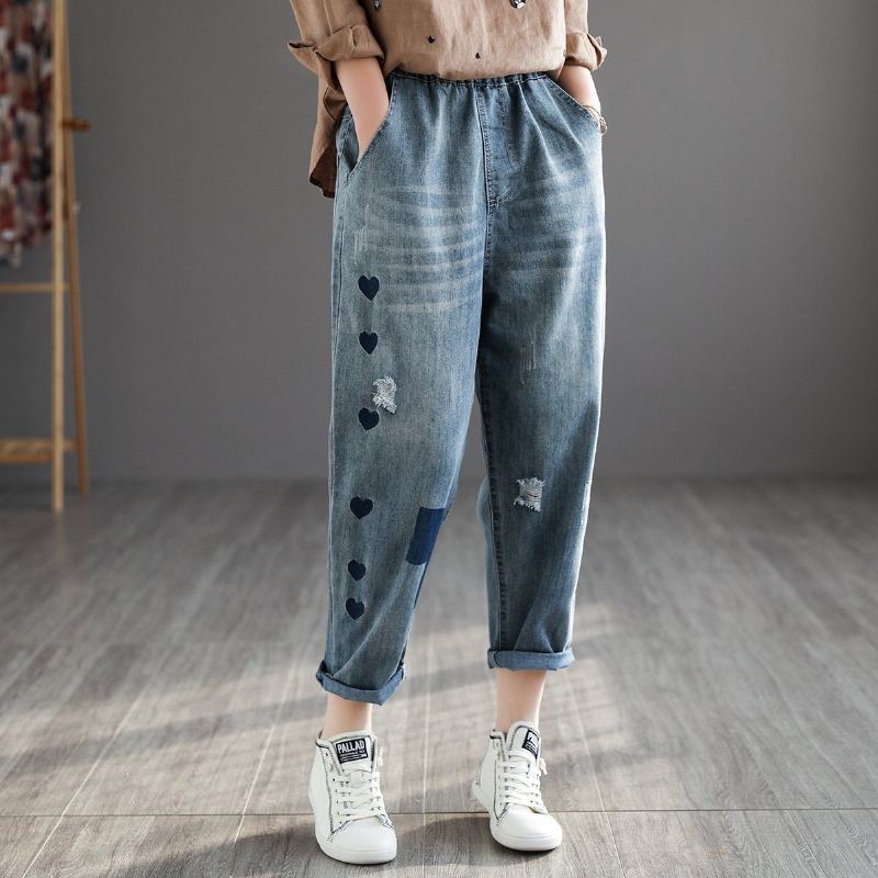 Retro Denim Haremsbyxor Med Hög Midja