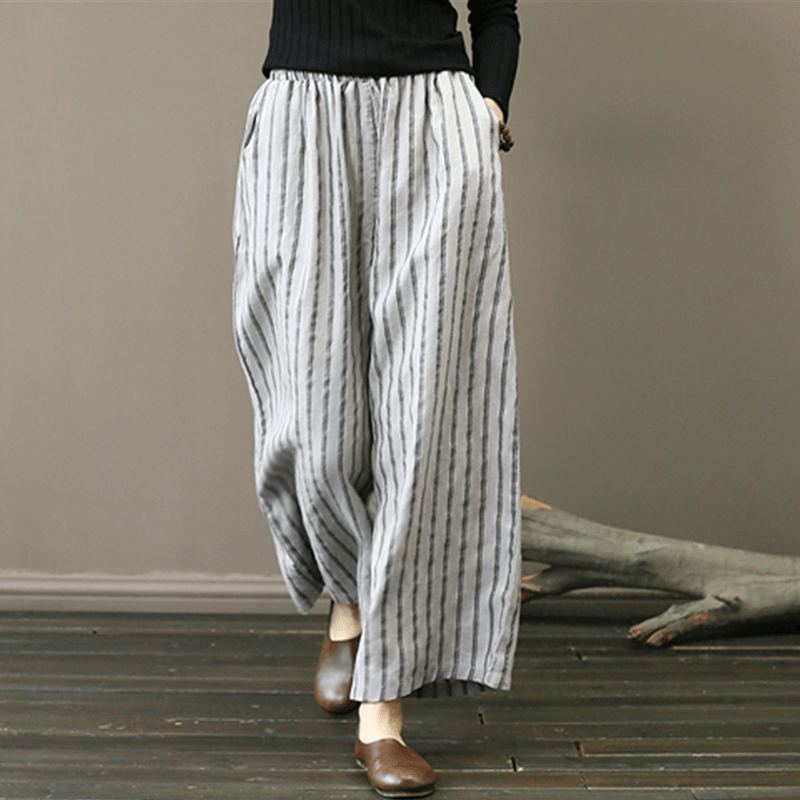 Retro Linne Stripe Loose Wide Leg Byxor