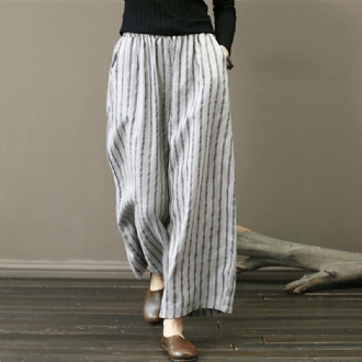 Retro Linne Stripe Loose Wide Leg Byxor