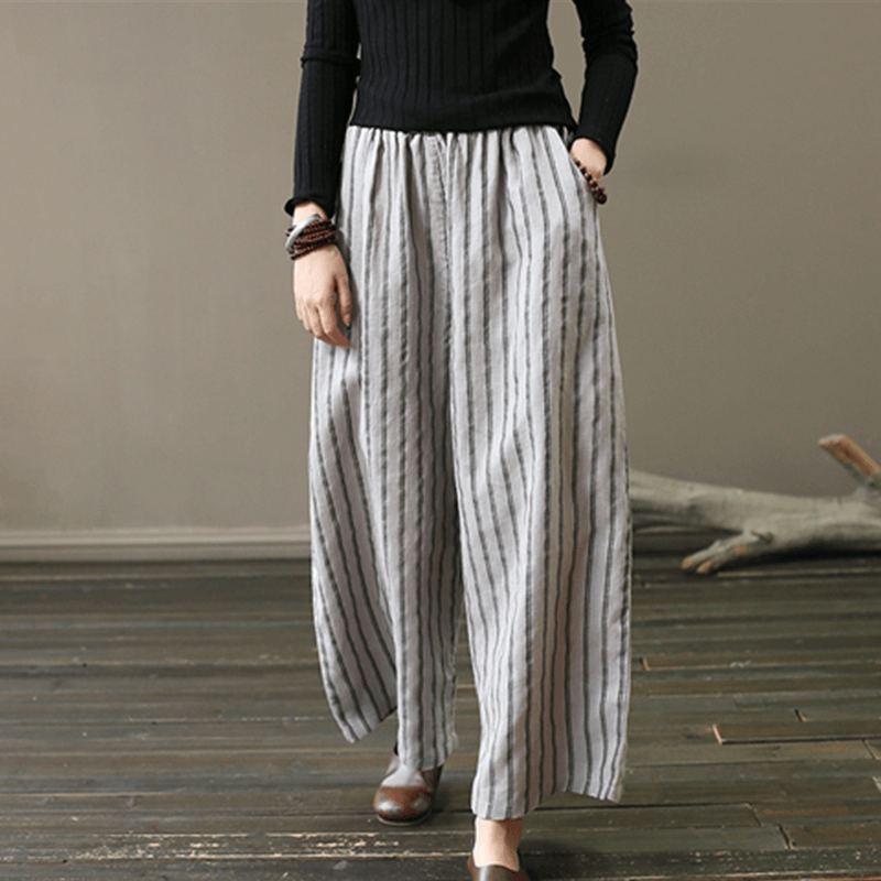 Retro Linne Stripe Loose Wide Leg Byxor