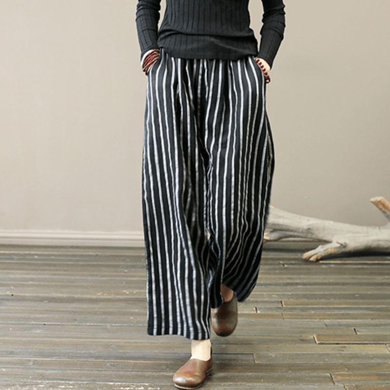 Retro Linne Stripe Loose Wide Leg Byxor