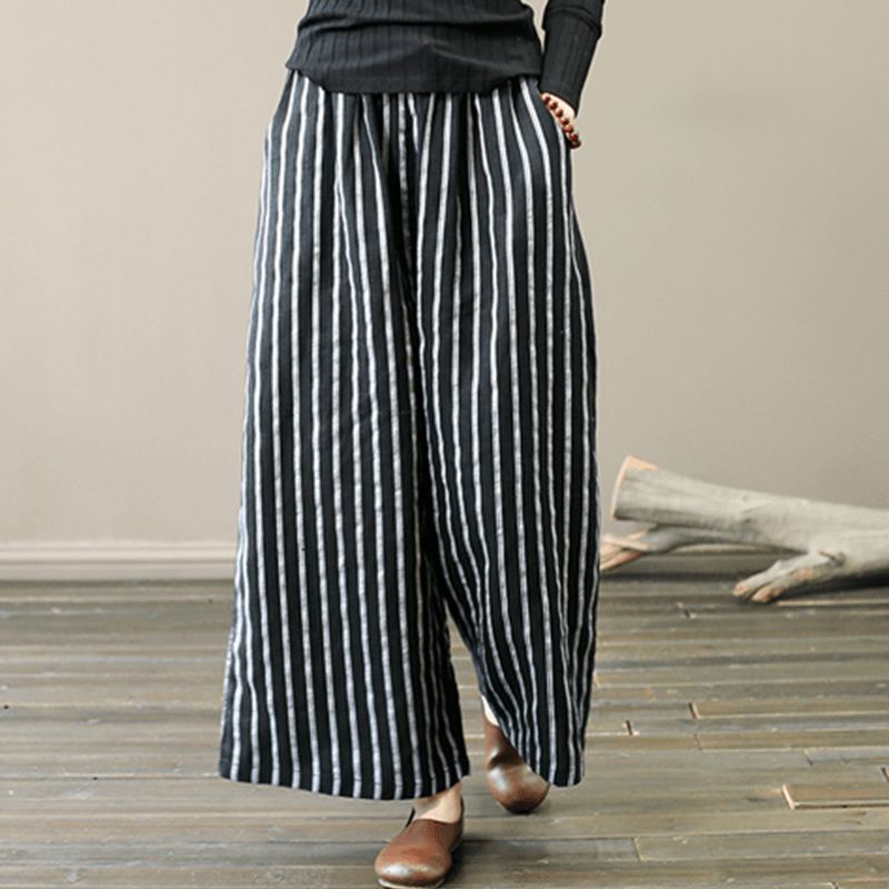 Retro Linne Stripe Loose Wide Leg Byxor