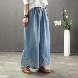 Solid Brodery Sand Wash Wide Leg Byxor