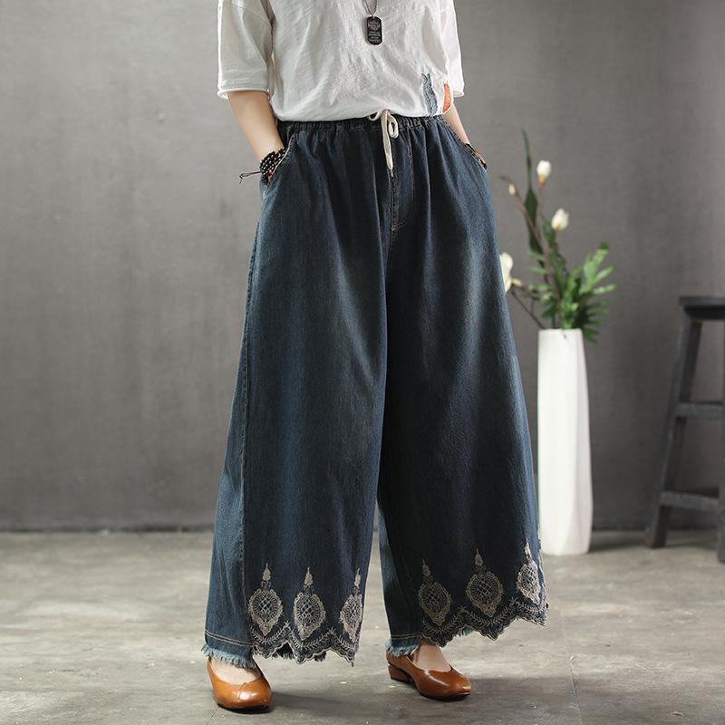 Solid Brodery Sand Wash Wide Leg Byxor