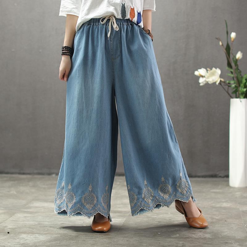 Solid Brodery Sand Wash Wide Leg Byxor