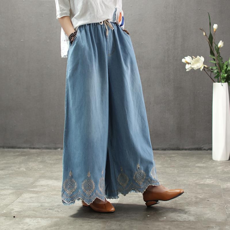 Solid Brodery Sand Wash Wide Leg Byxor