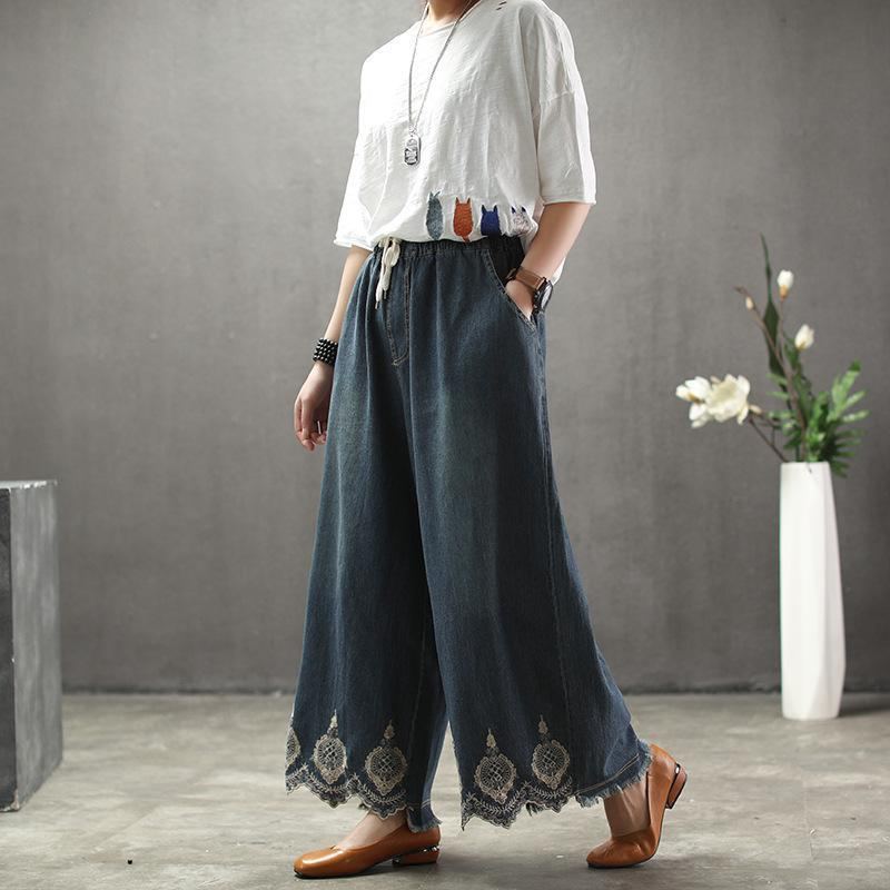 Solid Brodery Sand Wash Wide Leg Byxor