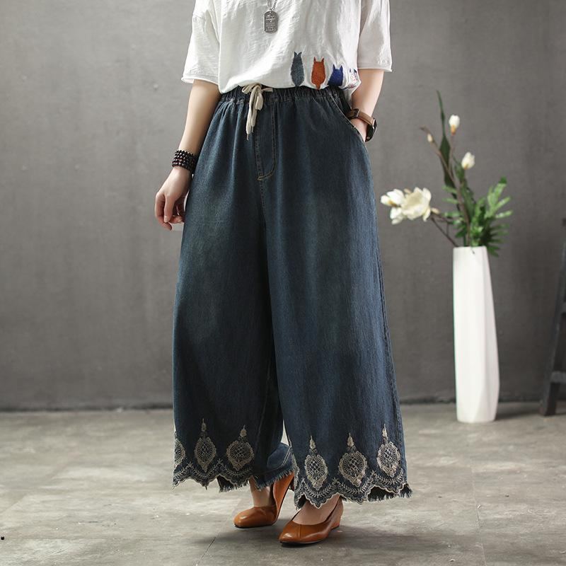 Solid Brodery Sand Wash Wide Leg Byxor