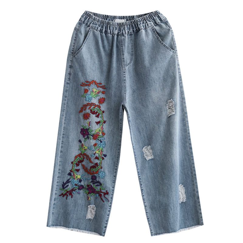 Sommar Retro Blommig Broderi Bomull Jeans Med Vida Ben