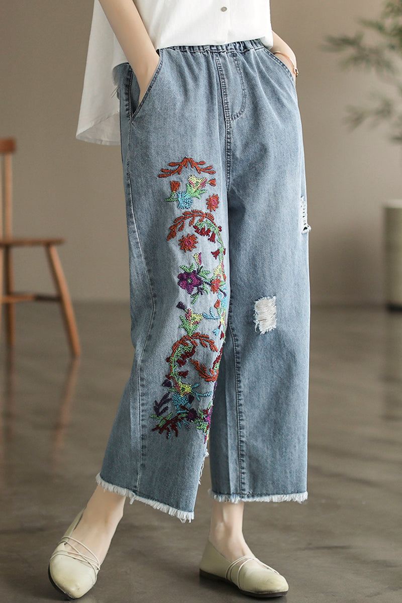 Sommar Retro Blommig Broderi Bomull Jeans Med Vida Ben