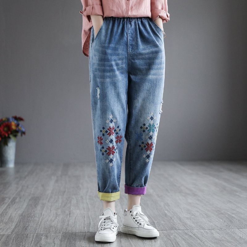 Sommar Retro Denim Broderi Harem Byxor