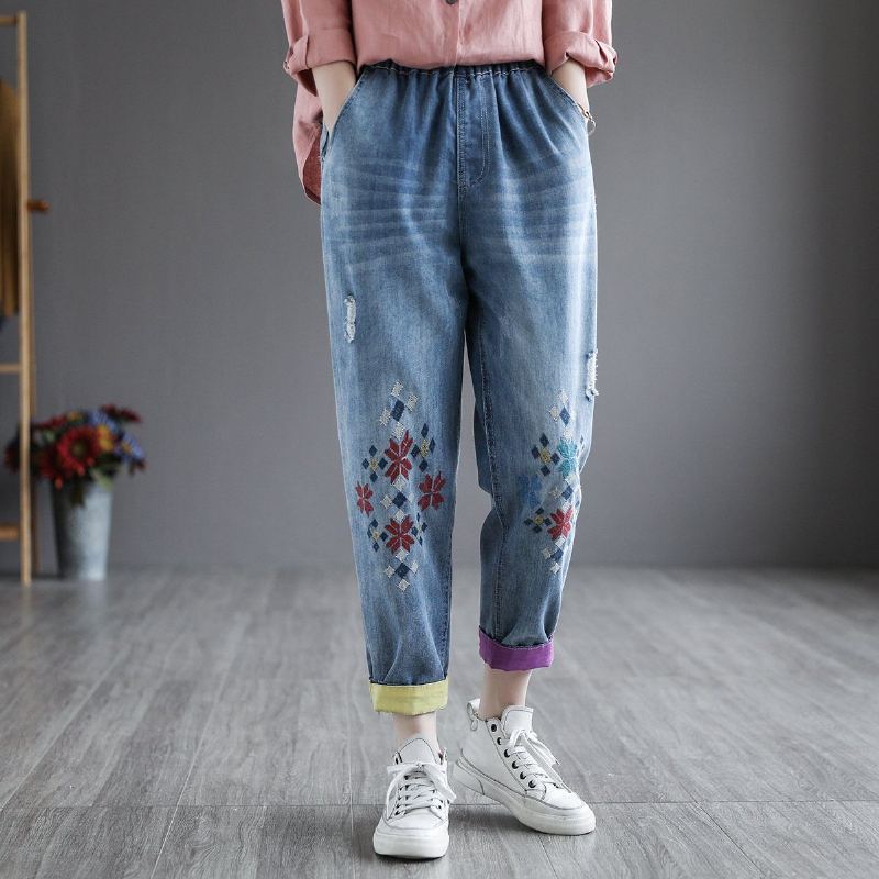 Sommar Retro Denim Broderi Harem Byxor