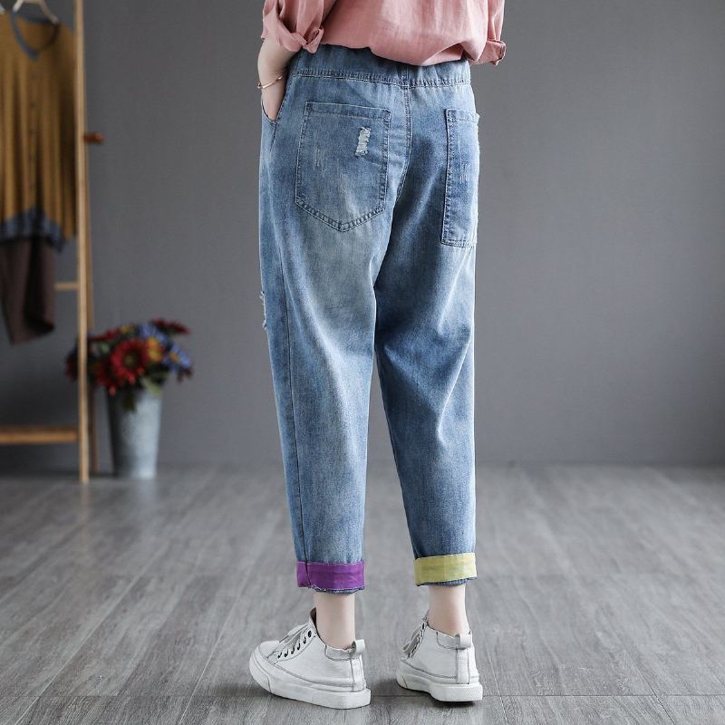 Sommar Retro Denim Broderi Harem Byxor