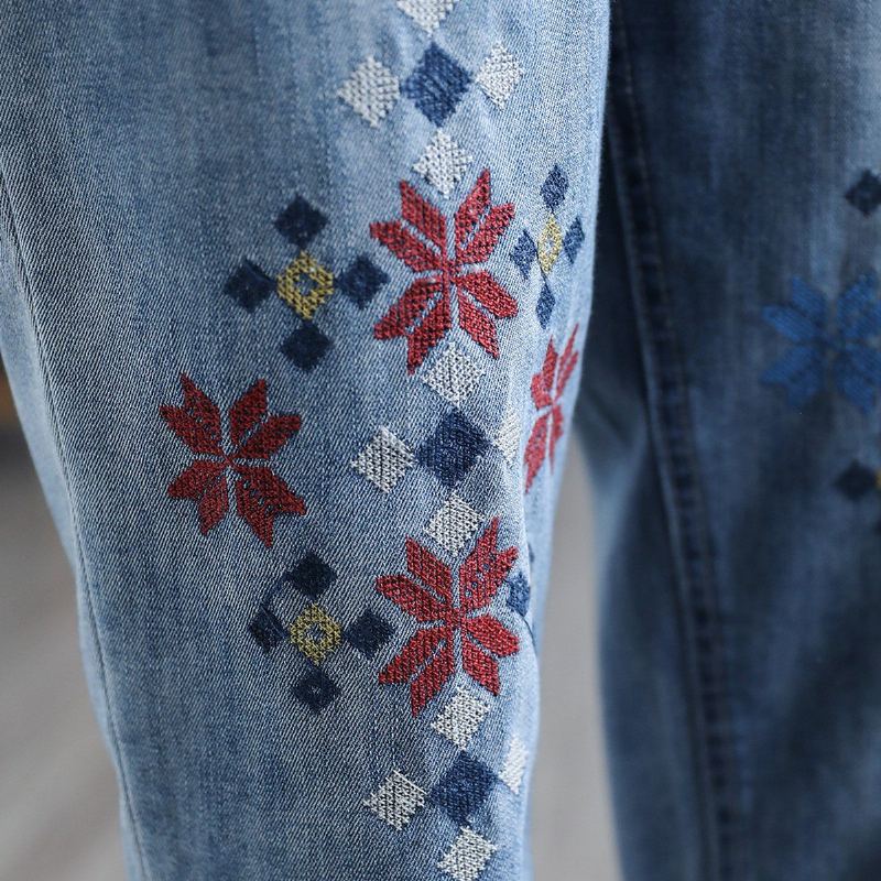 Sommar Retro Denim Broderi Harem Byxor