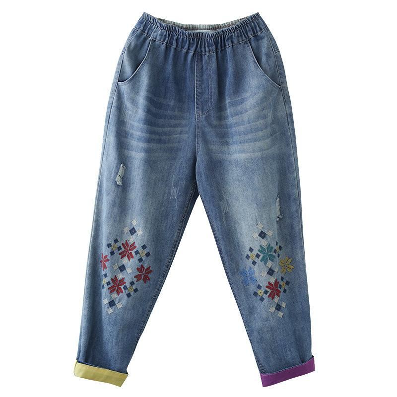 Sommar Retro Denim Broderi Harem Byxor