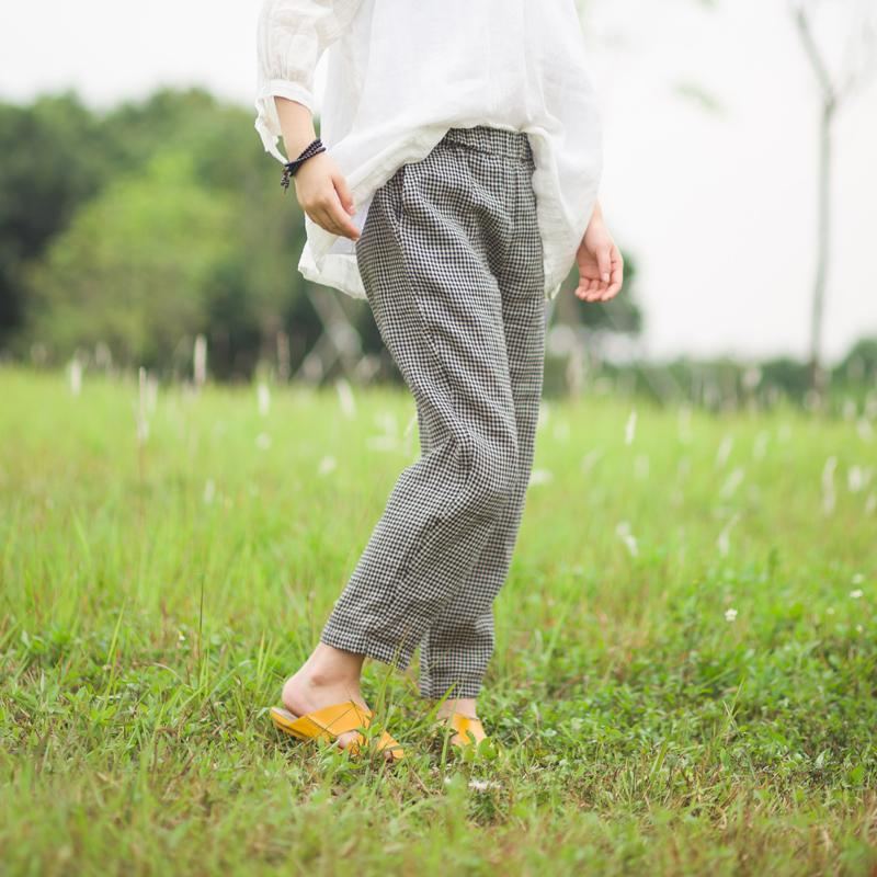 Spring Loose Casual Plädbyxor I Bomullslinne