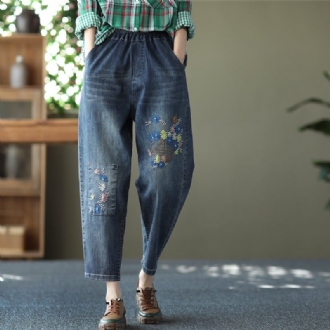 Spring Retro Broderi Lösa Casual Cotton Jeans