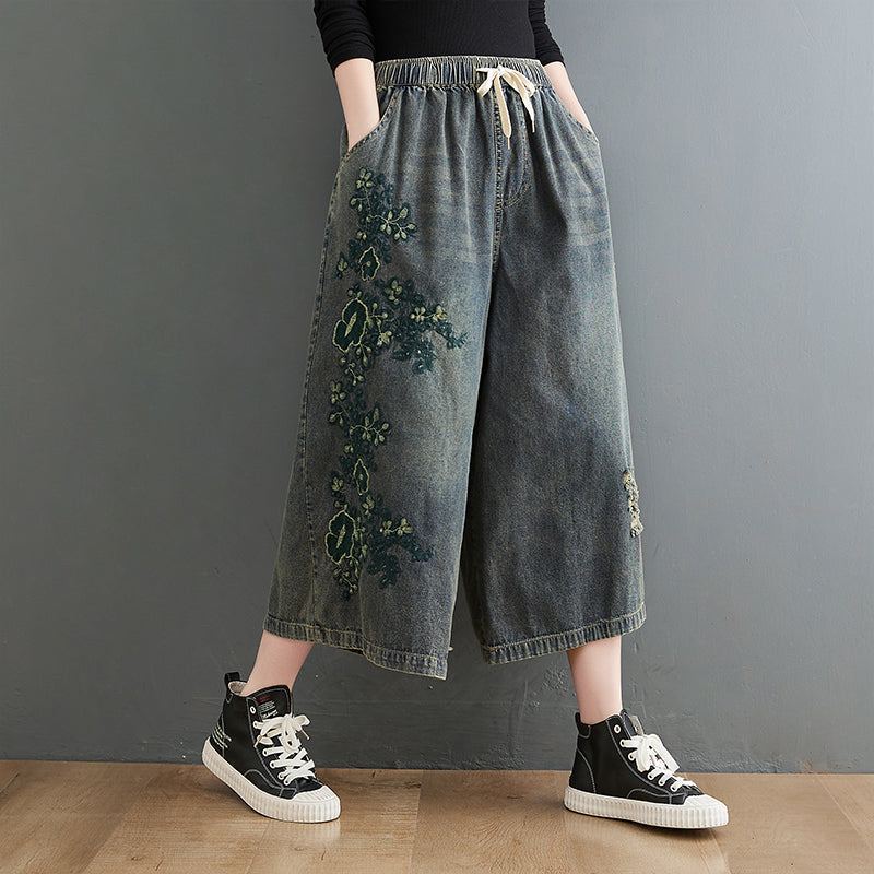 Spring Retro Brodery Floral Ripped Loose Jeans