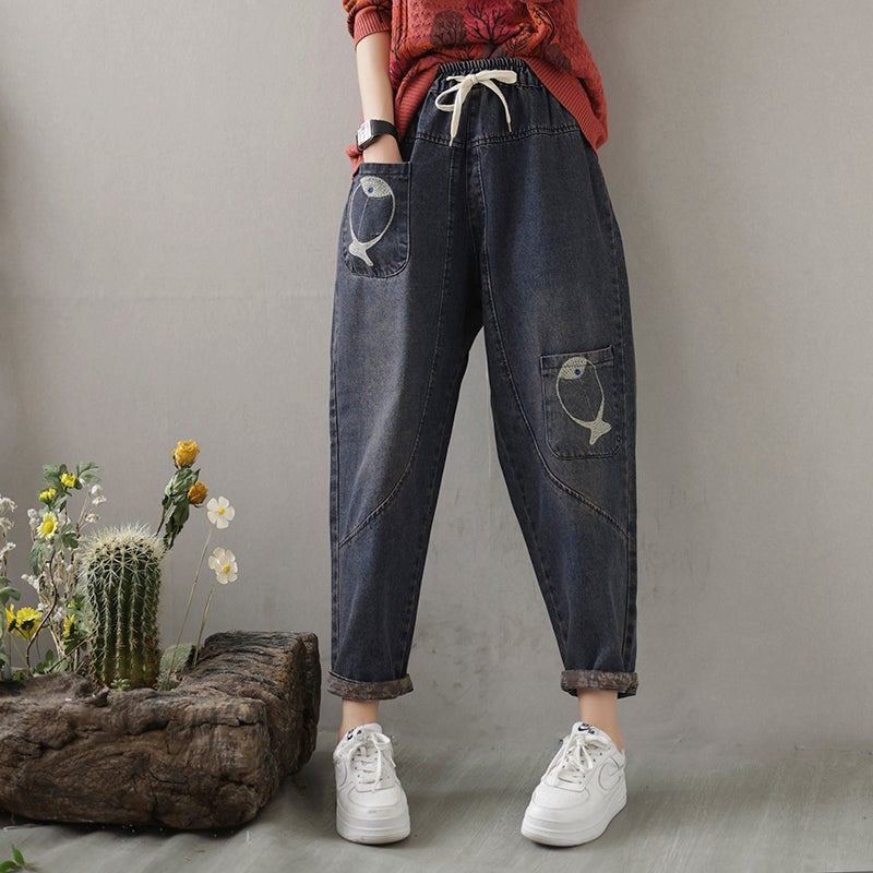 Vår Kvinnor Fisk Broderi Patchwork Jeans