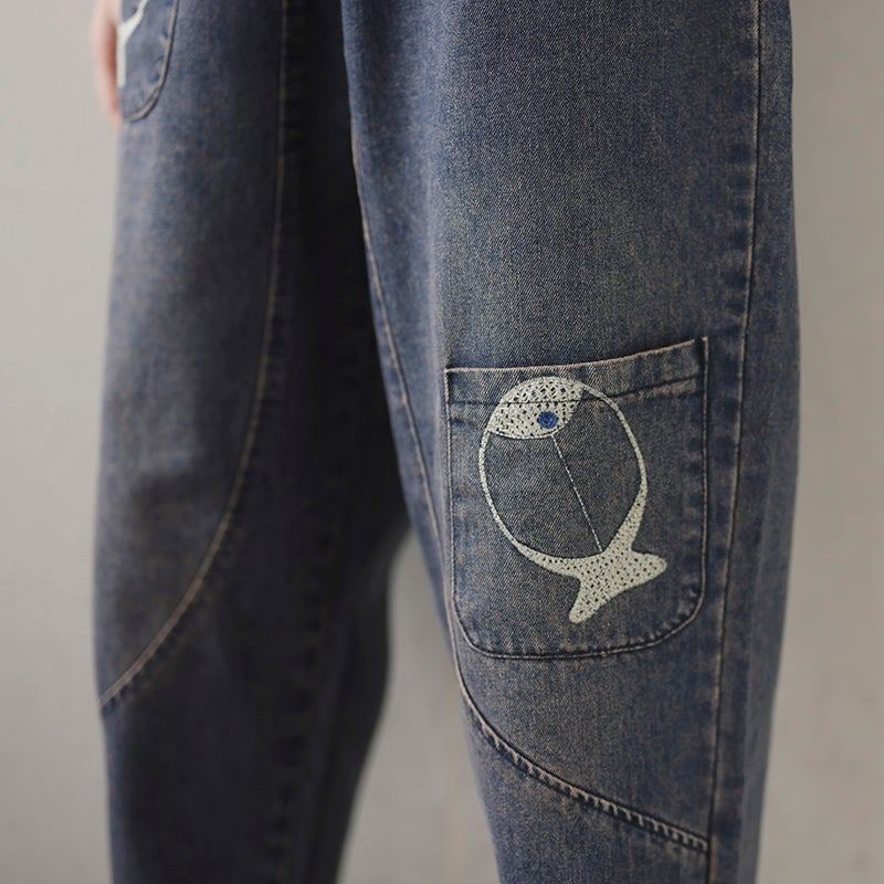 Vår Kvinnor Fisk Broderi Patchwork Jeans