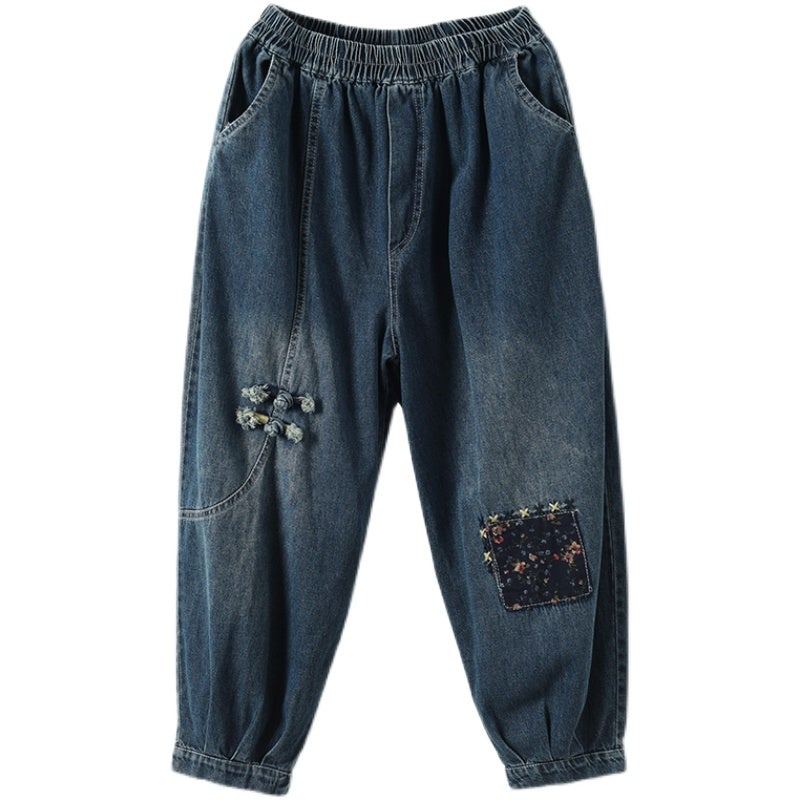 Våren Dam Retro Broderi Lösa Bomullsjeans