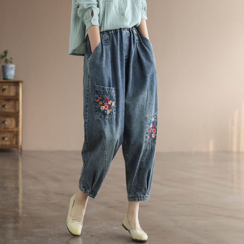 Våren Retro Blommor Broderi Harem Jeans