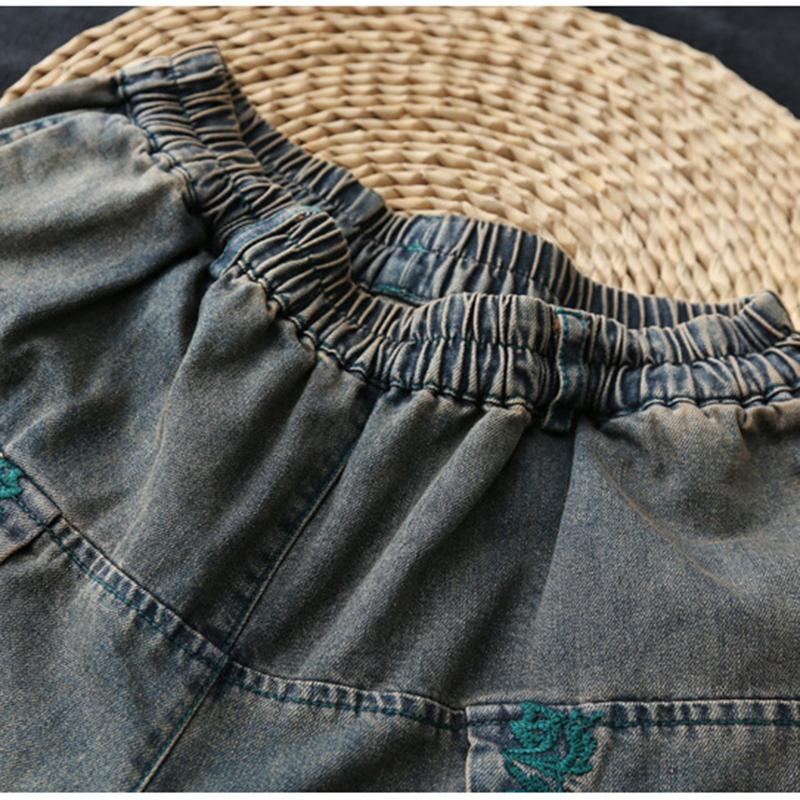 Vintage Broderade Lös Denim Byxor Med Vida Ben