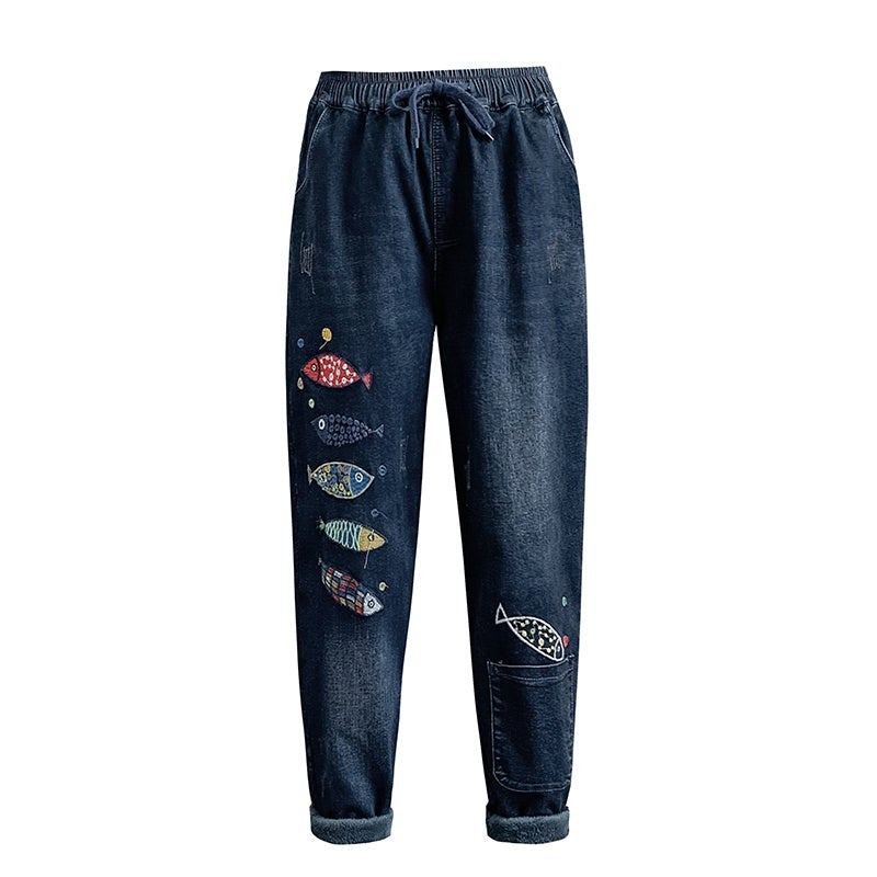 Vinter Dam Plysch Retro Broderi Casual Jeans