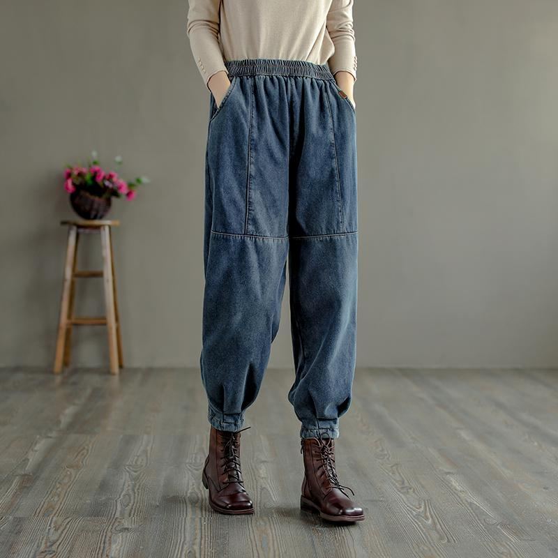 Vinter Retro Fur Tjock Casual Harem Jeans I Bomull