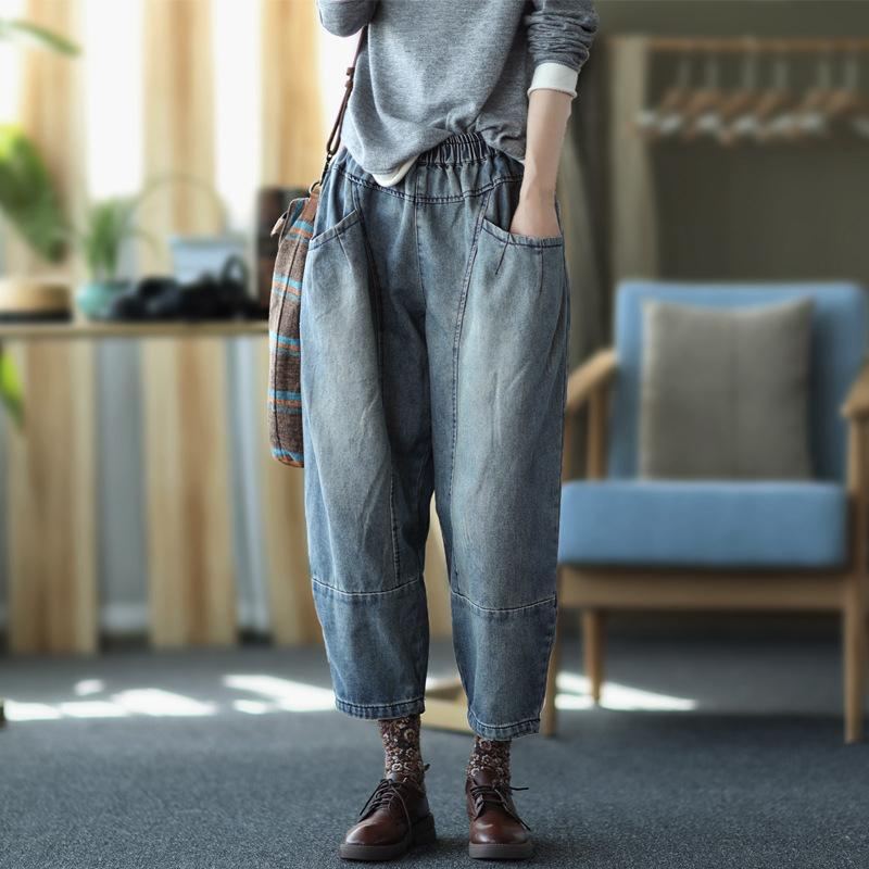 Winter Plus Retro Loose Denim Harem Byxor