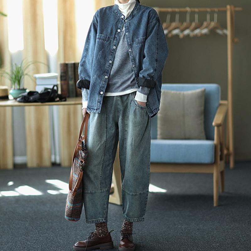 Winter Plus Retro Loose Denim Harem Byxor