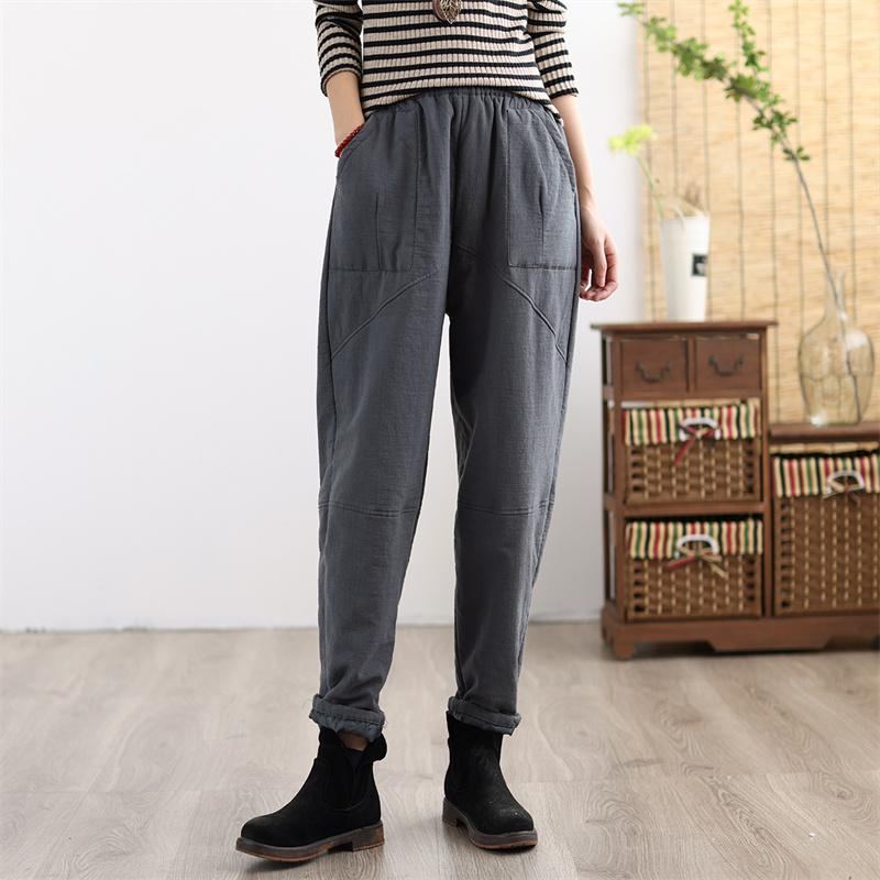 Winter Retro Thicken Cotton Linne Casual Byxor